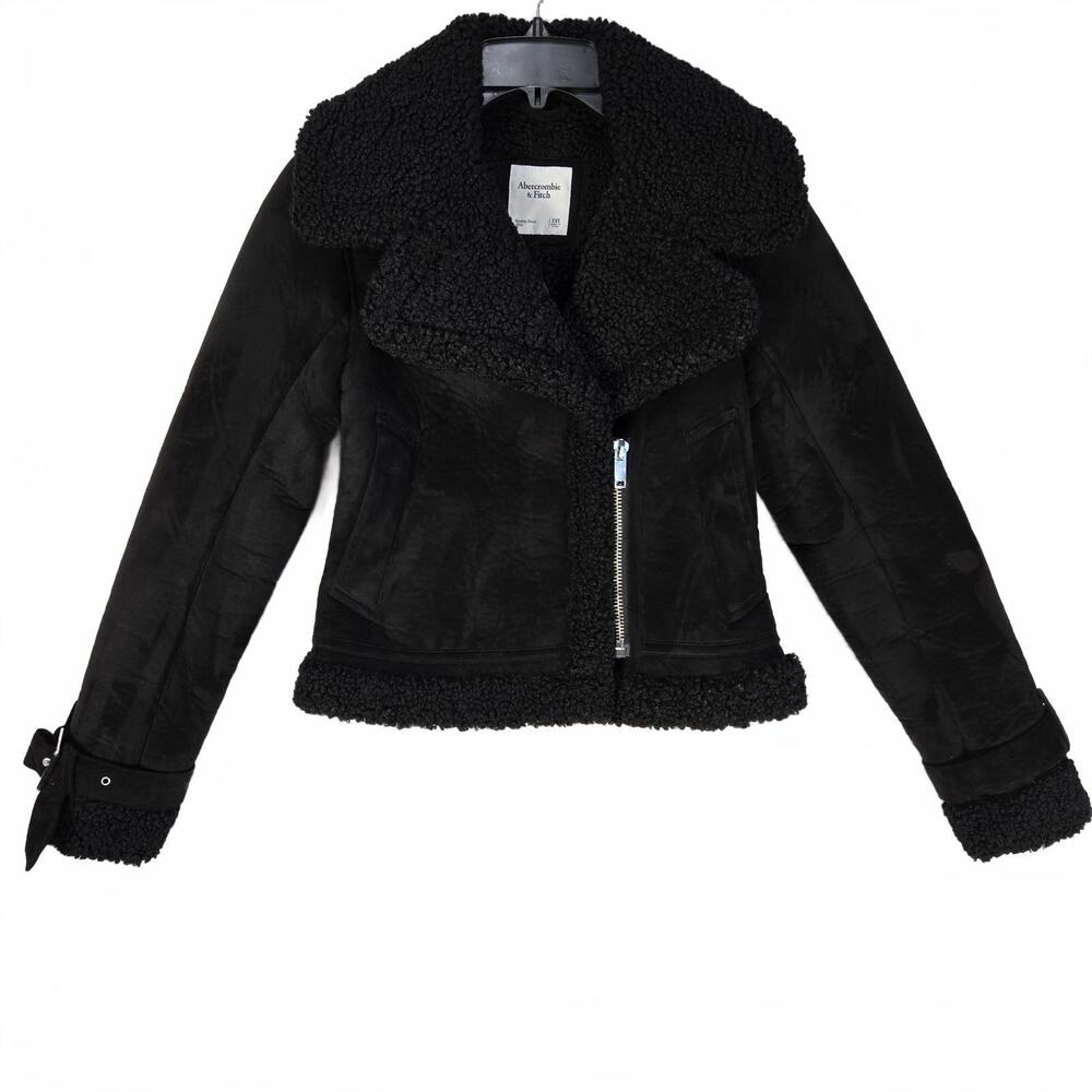 Abercrombie & Fitch Black Shearling Aviator Jacket XXS Faux Suede Moto Biker